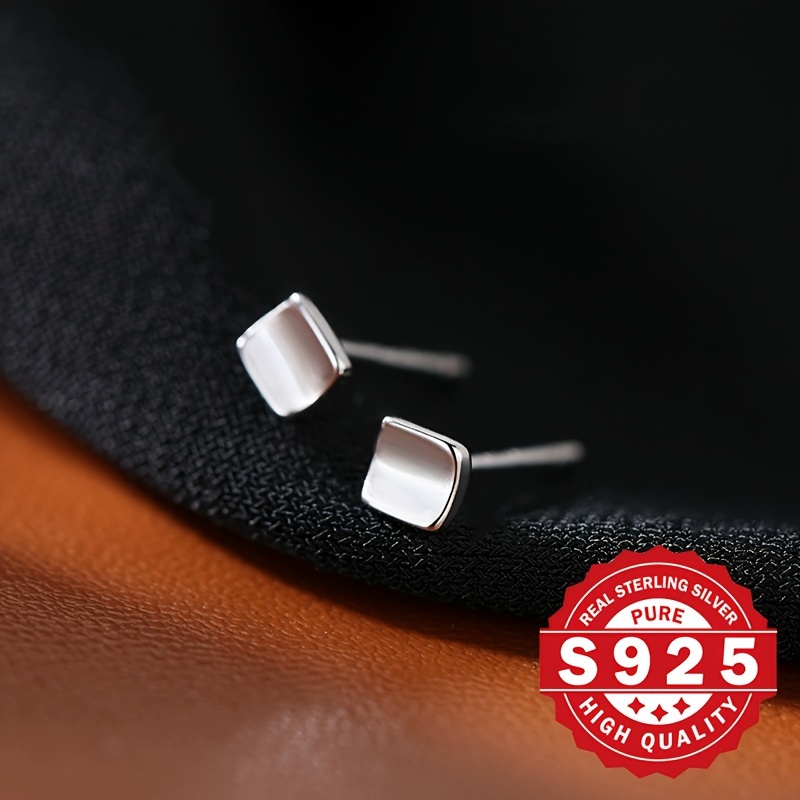 S925 Pure Silver Concave Square Ear Studs for Pierced Ears