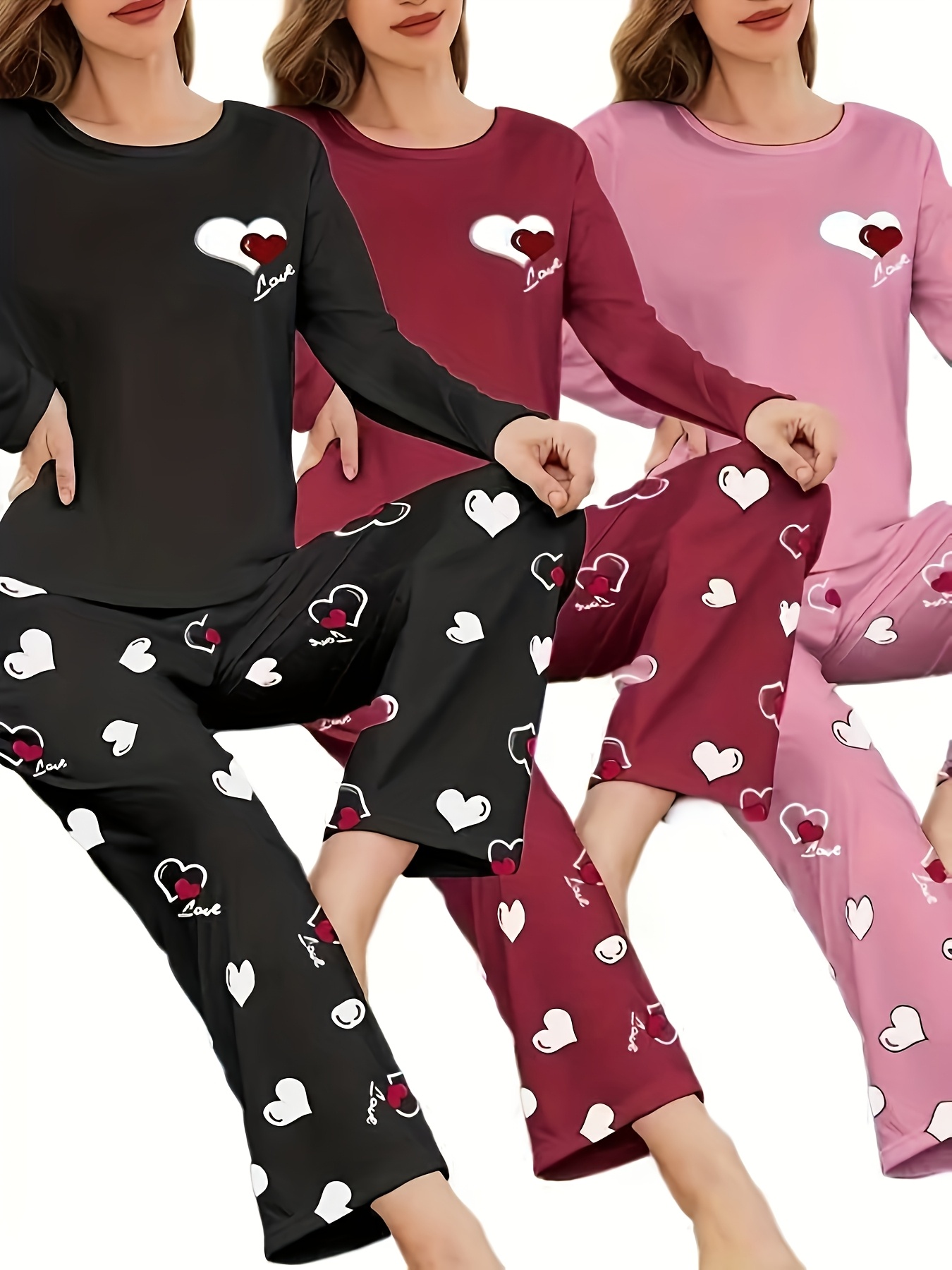 womens new autumn and winter style heart printed pajama set long sleeved and long pants six piece combination set casual and   wear Product details 2