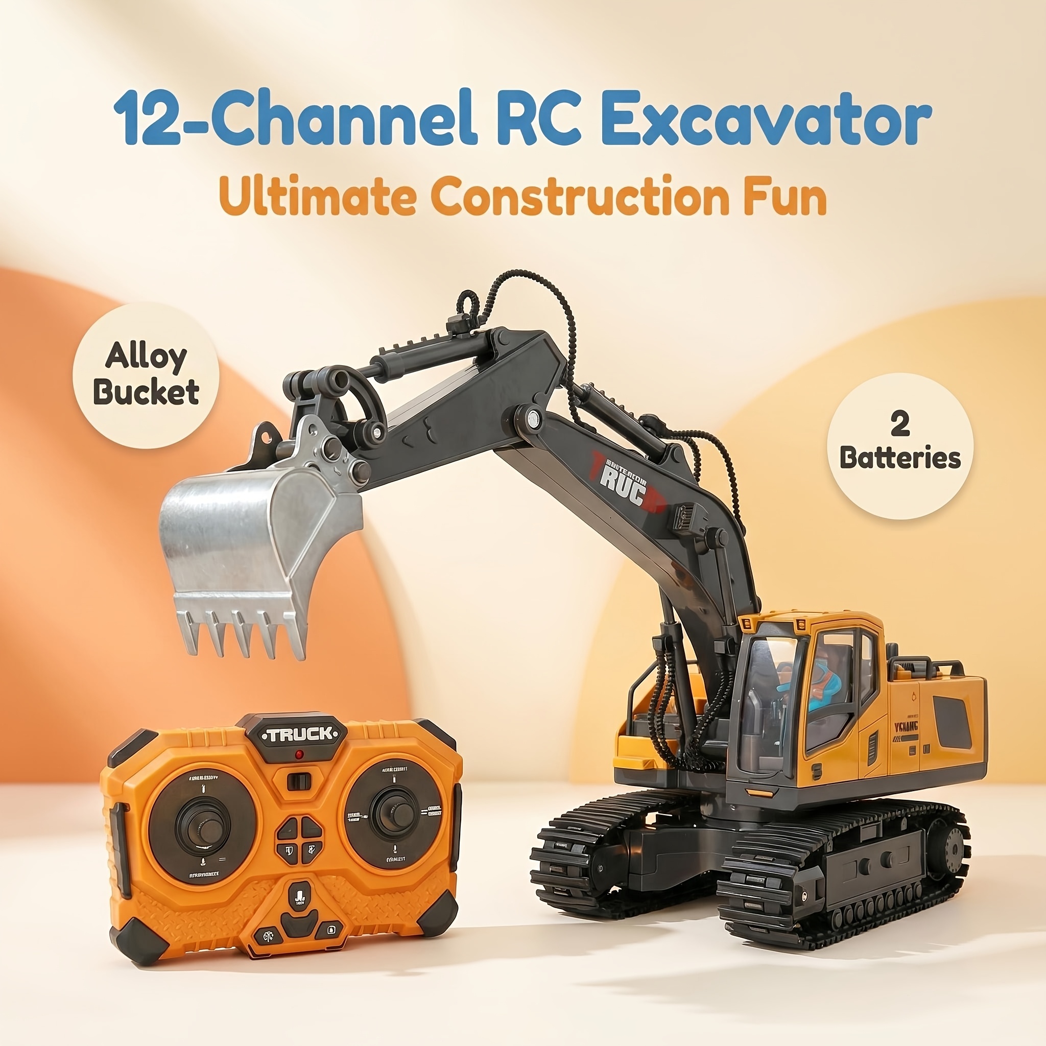 E-shop 12-Kanal Gelbe Fernbedienung Baufahrzeug, Bagger Kipplaster Bulldozer Perfektes Geschenk für Kinder Geburtstag Halloween Weihnachten