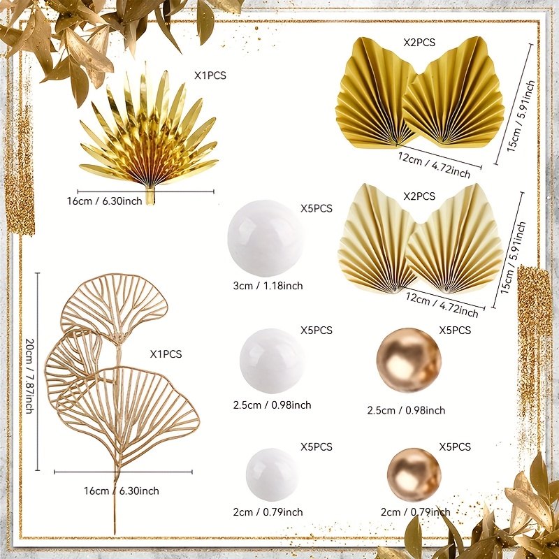 Image of 31pcs Rose Cake Decorations, Platinum Ball Cake Decorations, Golden Palm Leaf Cake Decorations, Bohemian Style Cake Toppers, Bohemian Style Party Supplies, Cake Decorations, Halloween, Christmas