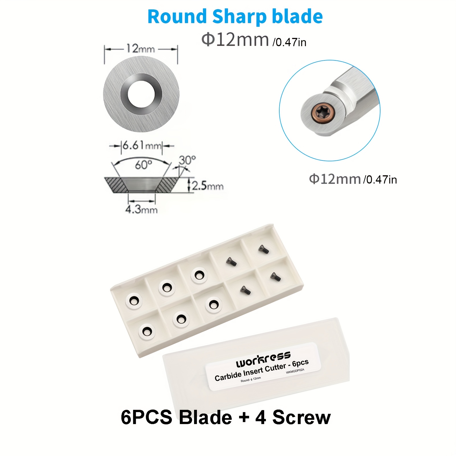 6pcs Carbide Lathe Tools, Cutters Inserts Set For Wood Lathe Turning Tools, Round/ Square/ Diamond Replacement Milling Knives For Lathe Woodturning Tool With 4pcs M4 Screw