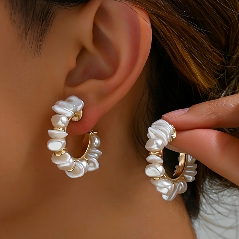 

2pcs Elegant Bohemian Style Handmade Woven Baroque Pearl Hoop Earrings, With Golden-tone Accents - Ideal For Daily Dresses, Beach Parties & Banquets