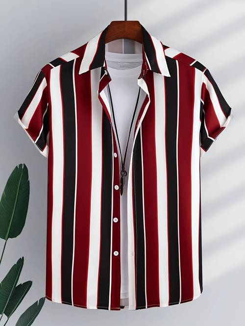 mens casual hawaiian vacation striped button up short sleeve shirt