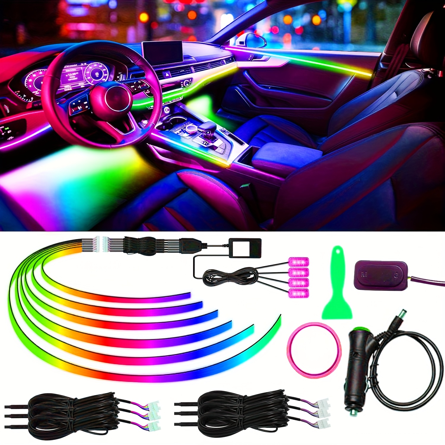 TEMU Acrylic Interior Car Led Strip Light, Rgb 10in 1 With 176 Inches 593 Leds Fiber Optic Ambient Lighting Kits, 16 Million Colors Sound Car Neon