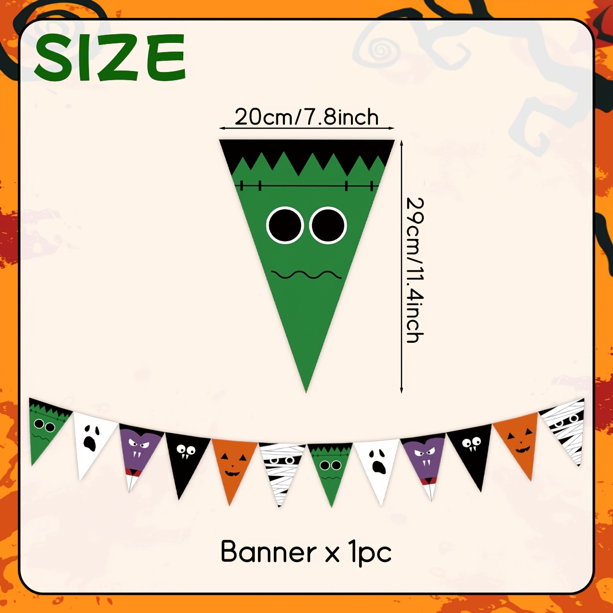 TEMU 1pc, Drapeau Triangulaire d'Halloween, Bannière Colorée, Monstres Mignons, , Vampires, Momies, Couronne en Papier de Citrouille, Convient , de