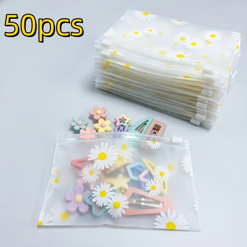 TEMU A Gift For Her/him: 50 Daisy Pattern Frosted Plastic Zipper Bags, Reusable Transparent Storage Bags, Suitable For Organizing Cosmetics, Jewelry,