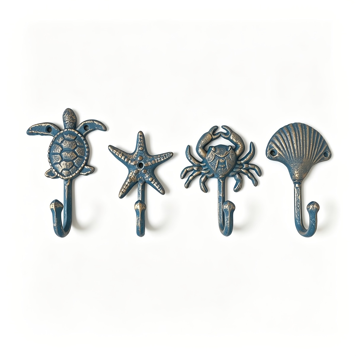 TEMU 4pcs Cast Themed Wall Hooks, Vintage Distressed Blue Nautical Decor Hooks, Sea Turtle Starfish Crab Scallop Shaped Wall Mount Coat Hook, Heavy