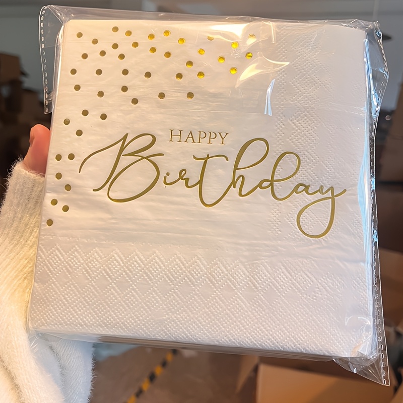 Golden Birthday Napkins, White And Golden Dots Happy Birthday Napkins Dinner Cocktail Disposable Paper Party Napkins For Adults Birthday Party Supplies Decorations
