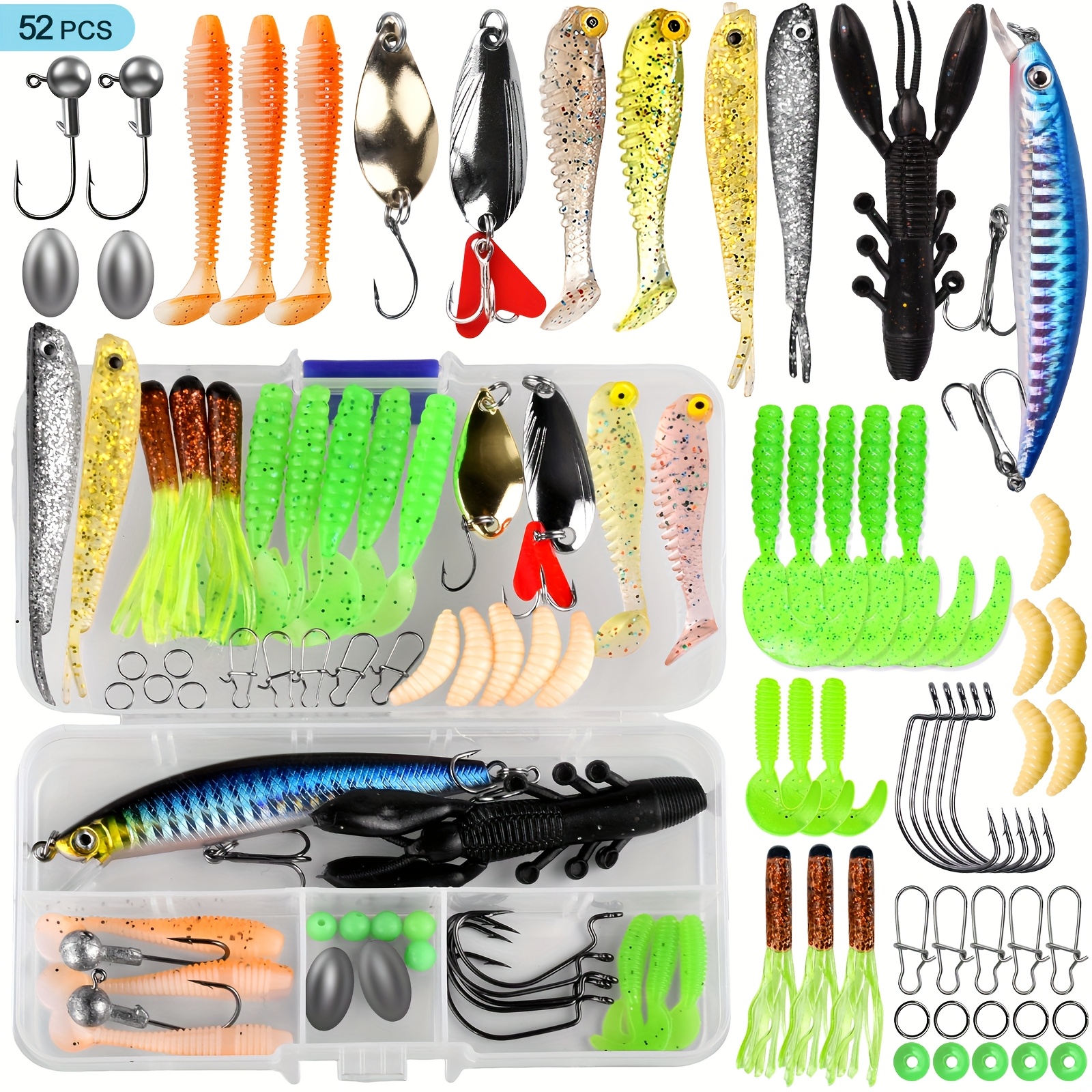 TEMU 52/99/135/209/360pcs Fishing Lures Tackle Box Kit, Including , Crankbaits, Spinnerbaits, Soft Plastic Worms, Topwater Lures, Hooks, Saltwater And Freshwater Fishing Gear For , Trout,