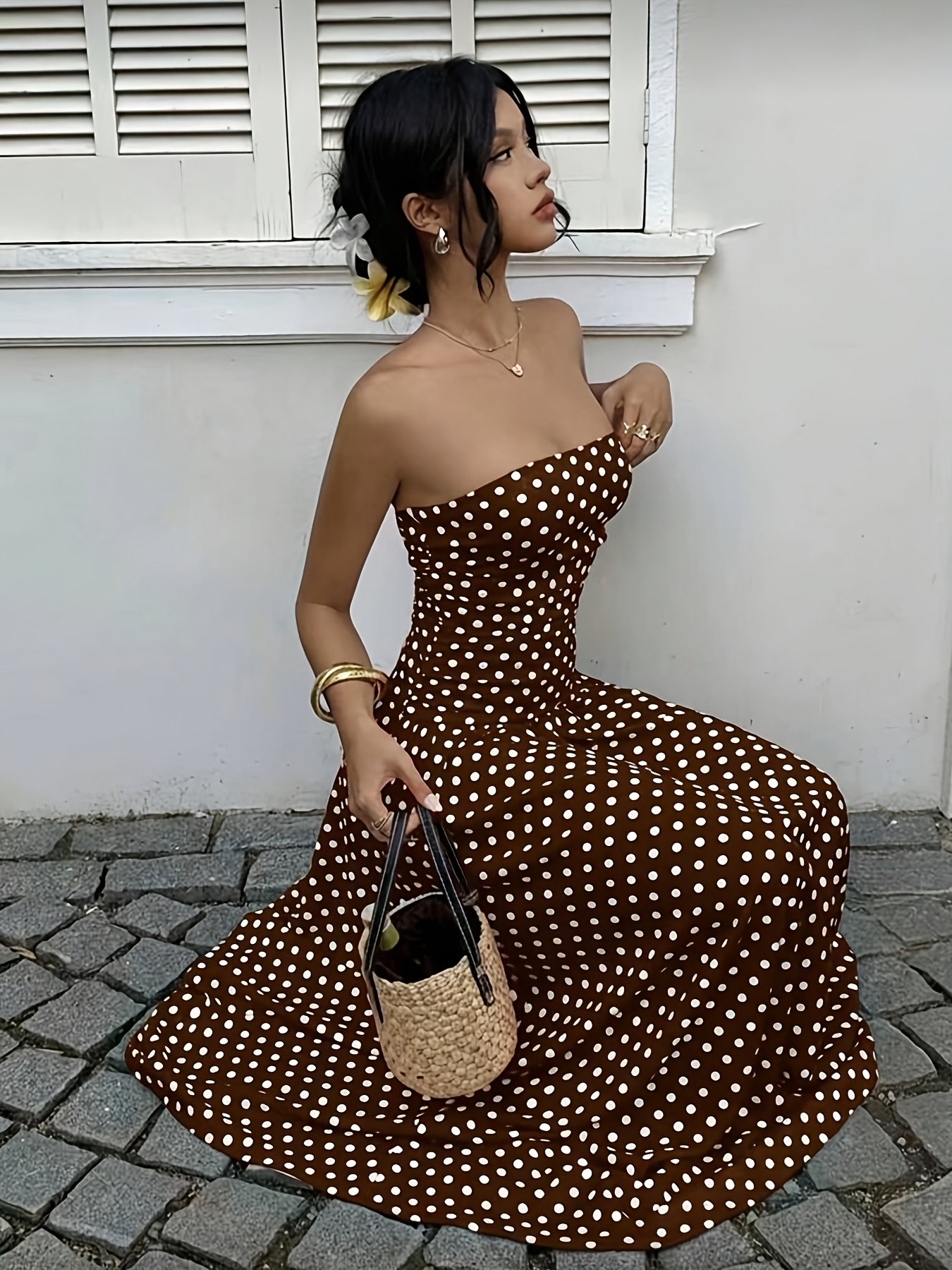 vintage caramel brown polka dot crop top dress women summer - Temu Mauritius