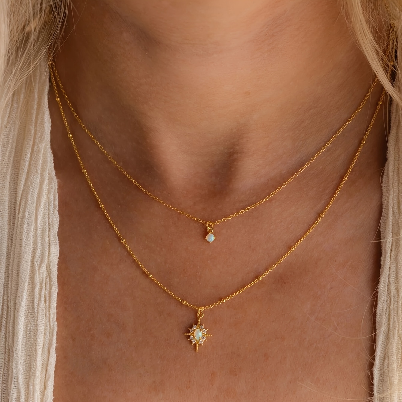 A Stylish And Minimalist Star-inlaid Synthetic Opal Pendant Necklace, A Double-layer Opal Necklace, A Gift For Her