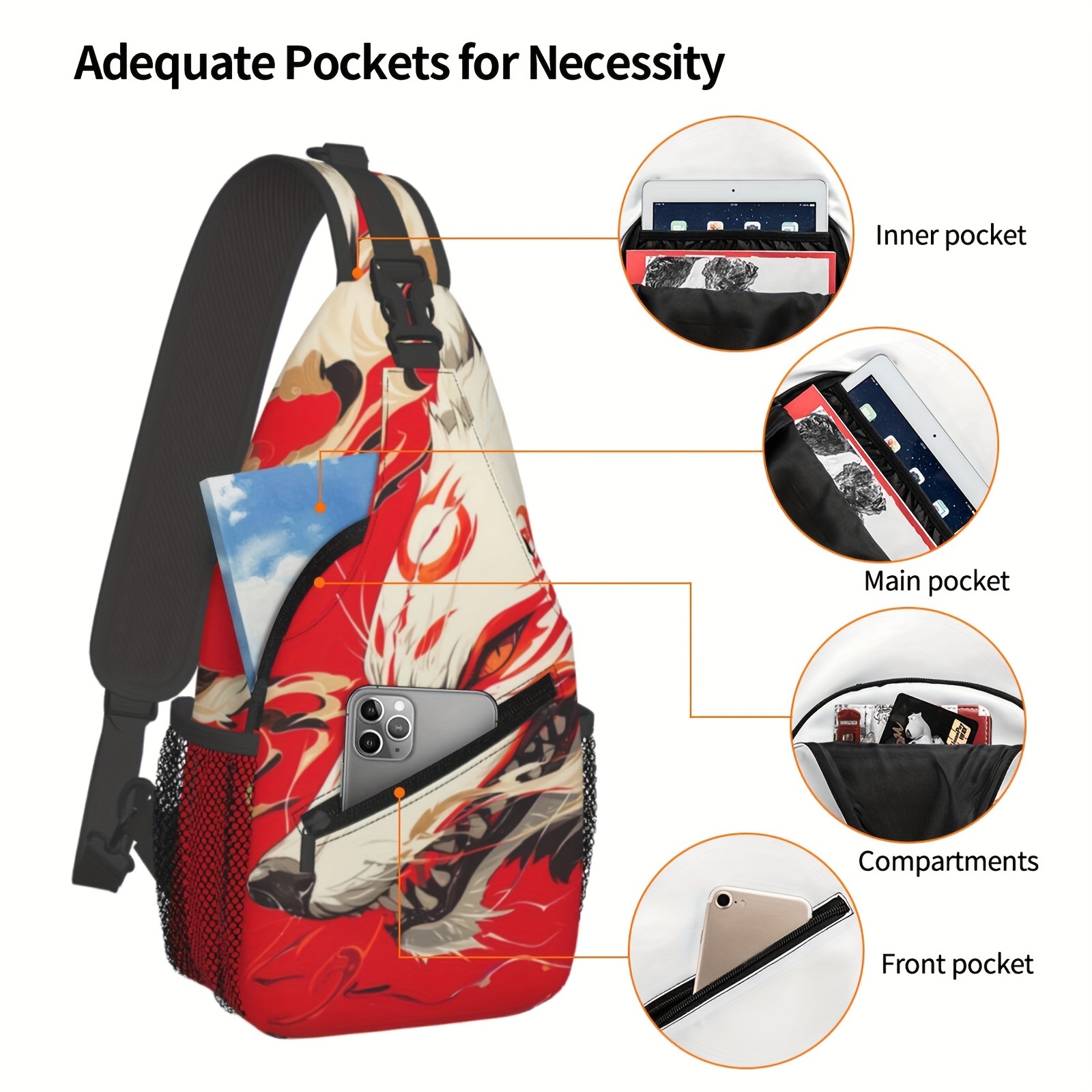 

Men' Style Anime Print Sling Bag - Adjustable Strap, Multi-pocket, Polyester, Zip Closure - Biking, Hiking, And Casual