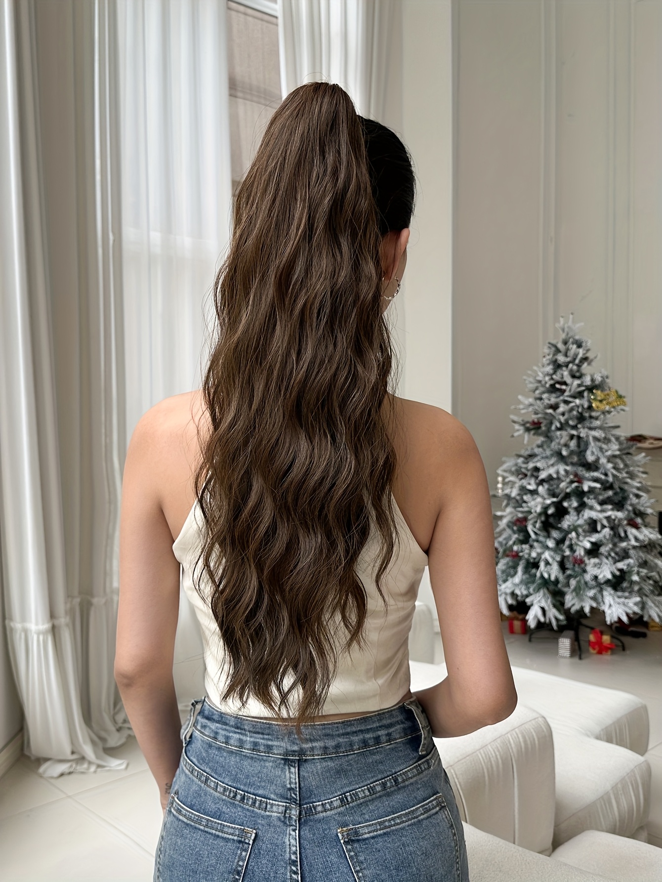 dark   claw shaped ponytail extension light brown 24 inch water wave heat resistant fiber synthetic ponytail wig suitable for short hair accessories for womens daily use details 8