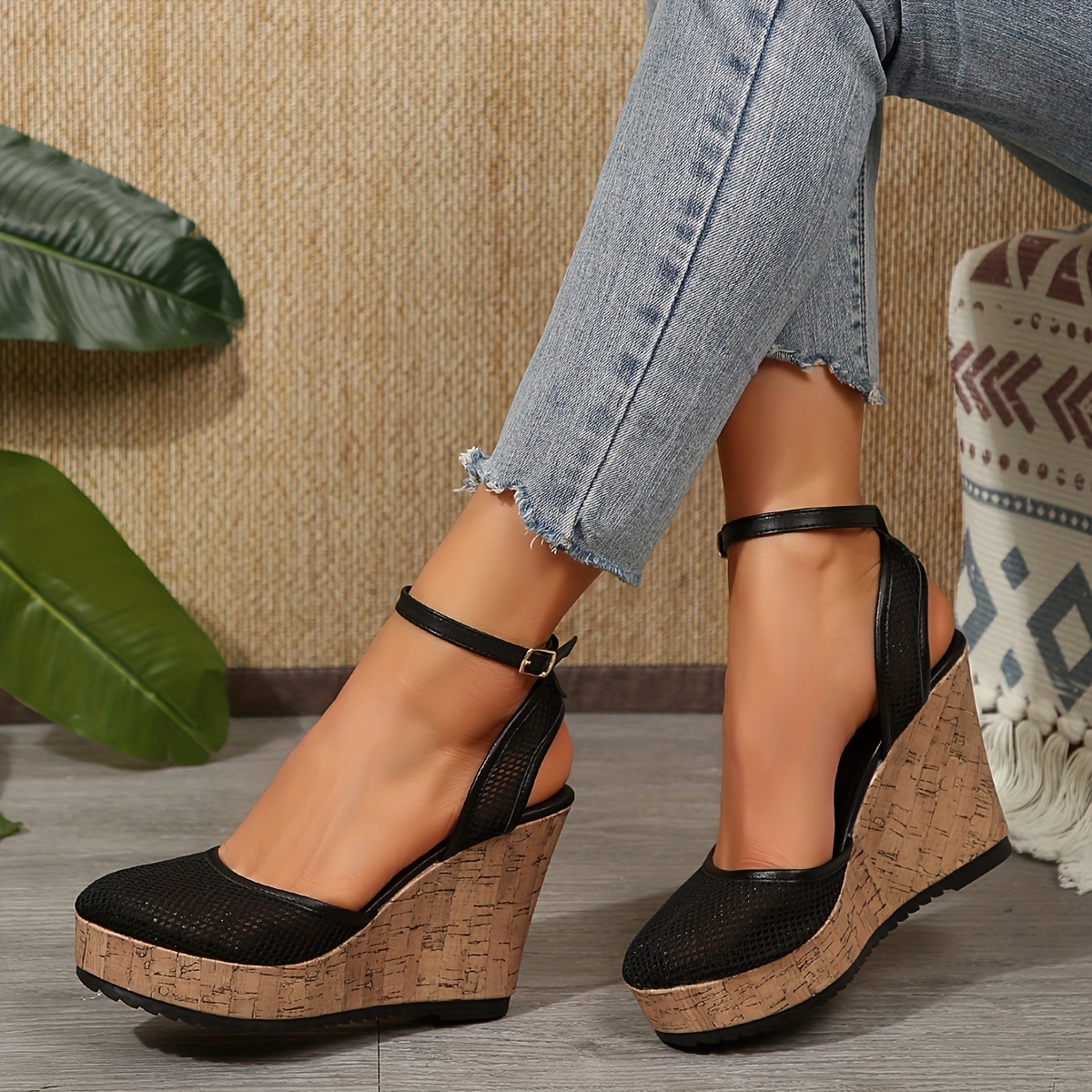 elegant summer womens platform wedge sandals solid color Temu