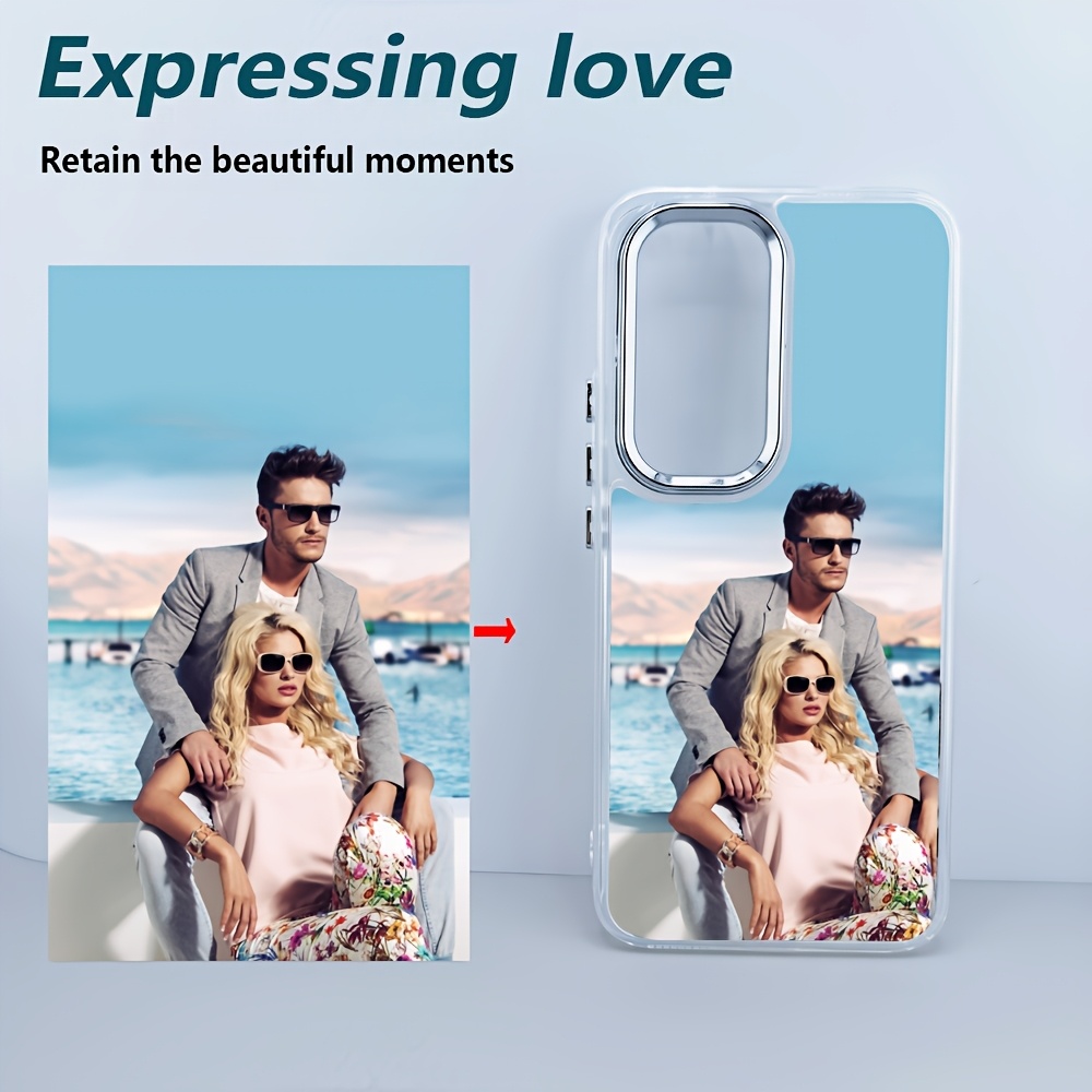 TEMU de teléfono personalizada con foto, carcasa transparente, botones electrochapados y de lente. Esquinas reforzadas para protección contra caídas.
