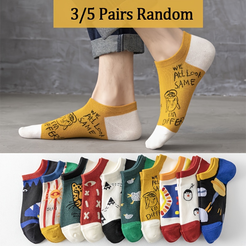 

3/5 Pairs Of Men's Trendy Street Style Color Block No Show Socks, Comfy Breathable Soft & Elastic Socks, Men's Hosiery