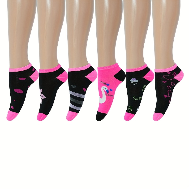 E-shop 6 Paar dünne Sommer-Damen-Socken in Schwarz Pink mit Katzenpfoten-, Herz-, Streifen- Tupfenmustern – Modische, niedrig geschnittene, flache