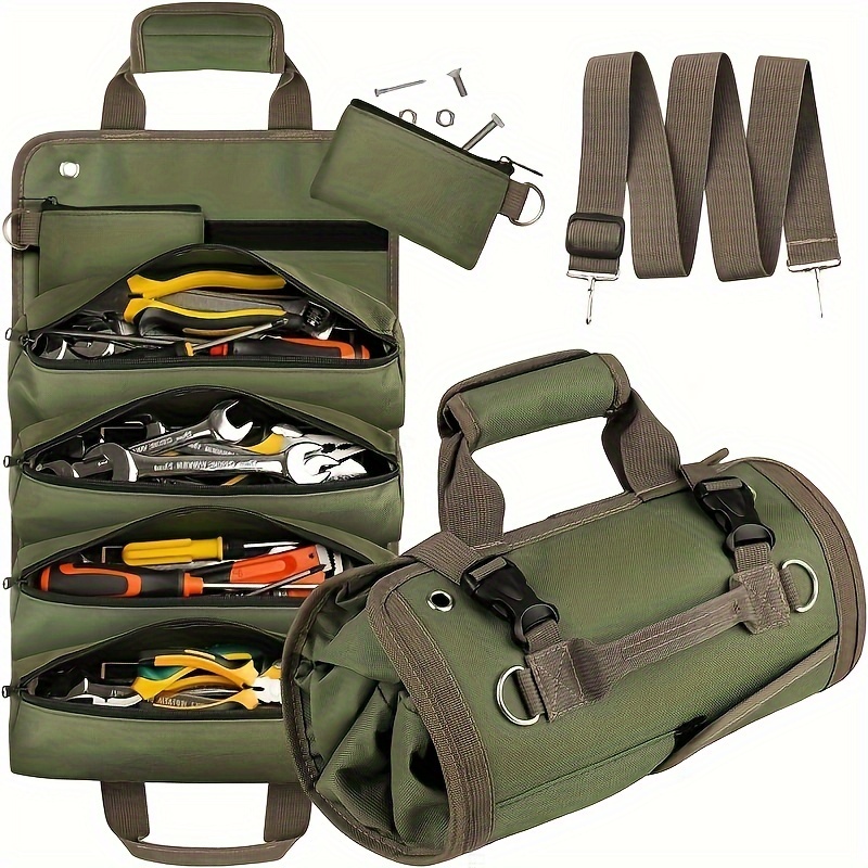 

Heavy Duty Roll-up Tool Organizer Bag - Waterproof, Portable Storage For Electricians & Mechanics With Multiple Compartments, Adjustable Shoulder Strap, Design, Electrician Tools