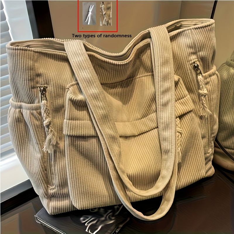 TEMU New Large-capacity Women's Shoulder Bag, Striped Corduroy Tote Bag With Multiple Pockets, Suitable For Commuting, Zipper (random Style)