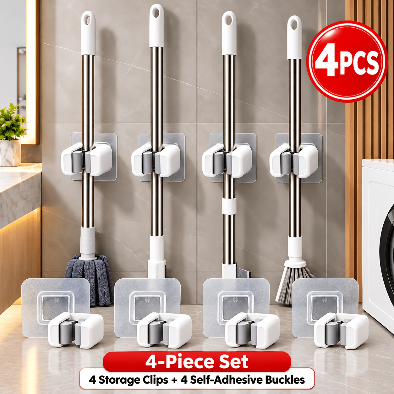 TEMU Lot de 4 supports muraux robustes et auto-adhésifs BOSSFRY pour serpillière et balai avec 4 crochets et pinces - Installation perçage, rangement