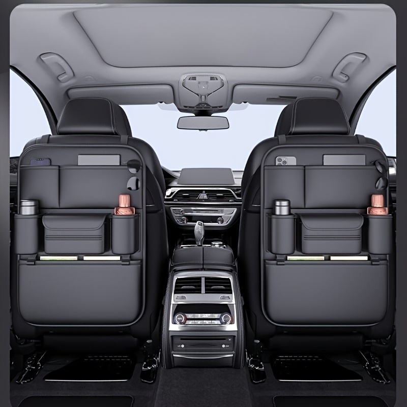 car seat back organizer with multiple compartments for water bottles tablets laptops and accessories black rear seat storage bag stylish storage pouch