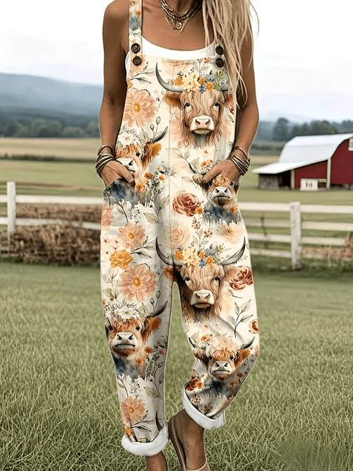 item picture farm cow print pocket loose fit adjustable suspender overalls d57