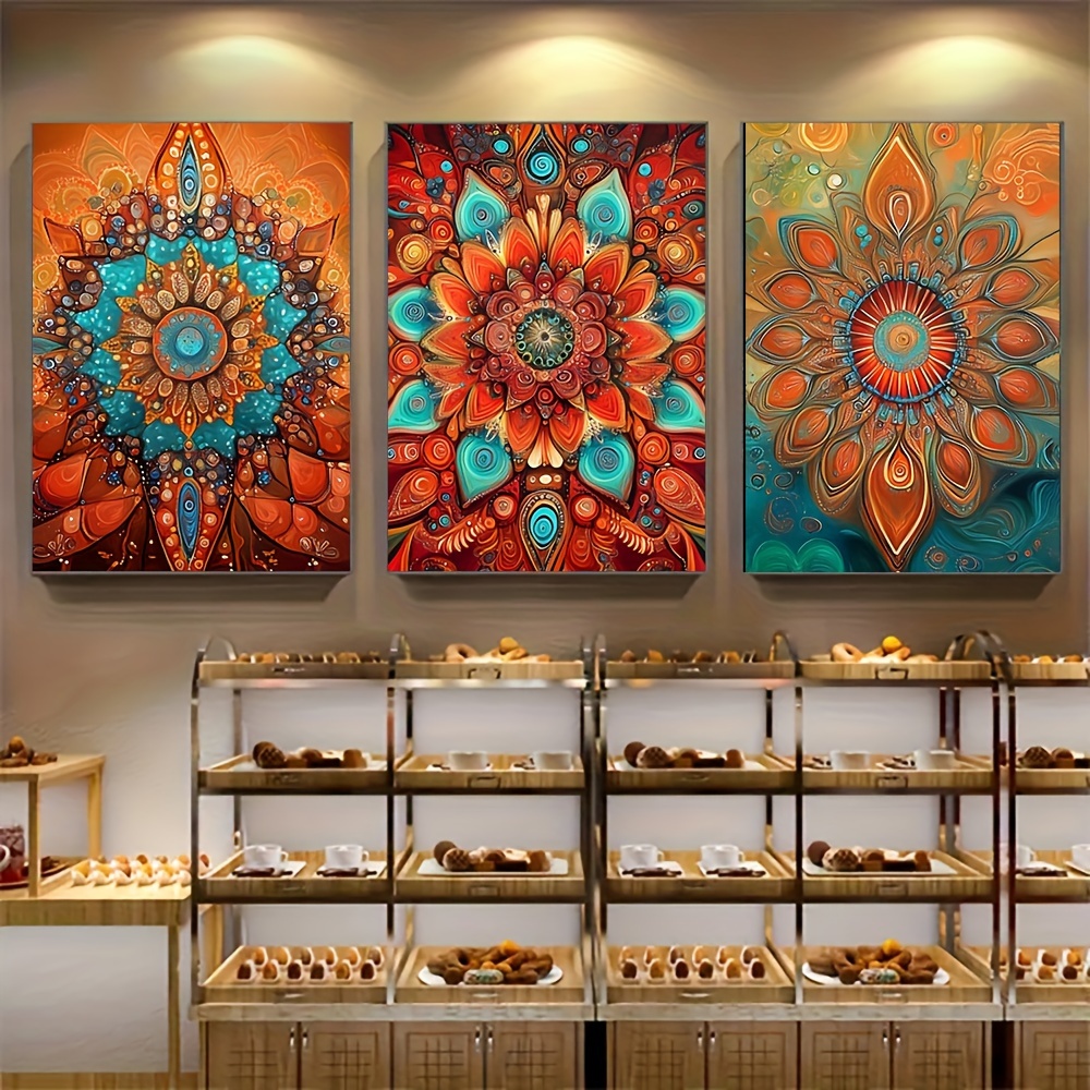 

3pcs Bohemian Abstract Floral Canvas Art Set, Geometric Mandala Wall Decor, Spray- Posters For Living Room, Bedroom, Home Office - Classic , Vertical Orientation