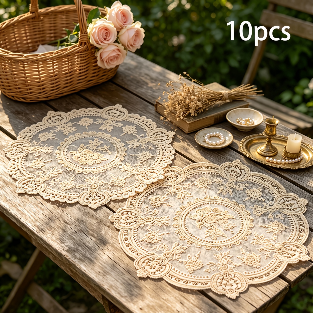 TEMU 10 Stk. Spitzen-Tischsets im französischen Stil mit Stickerei, geeignet für Esstisch, runde Tischmatten mit bestickten Rändern, handwaschbare