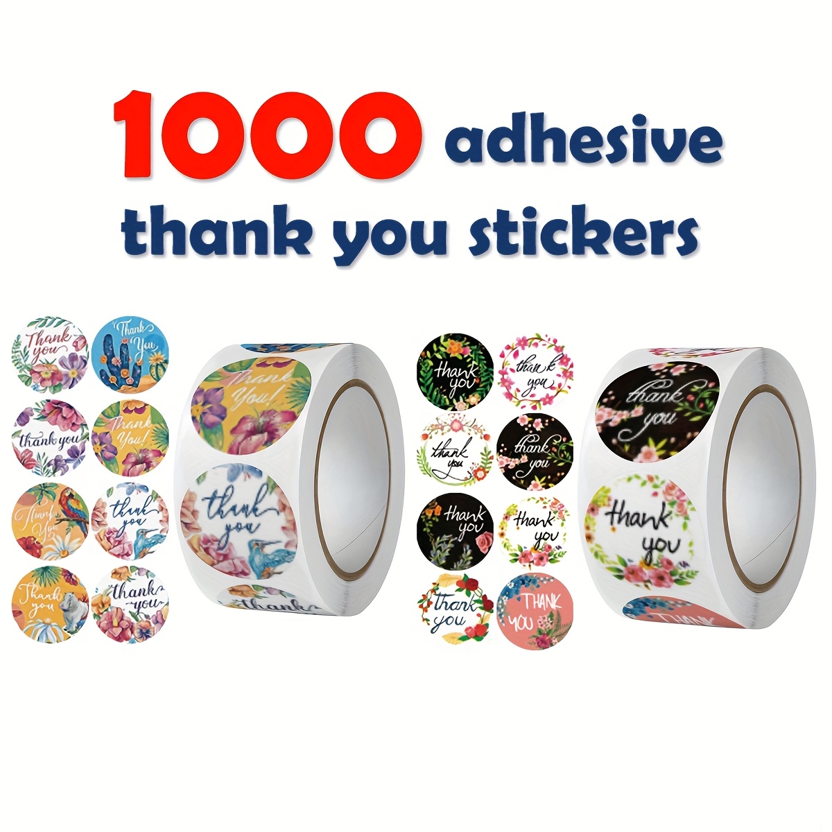 TEMU Set assortito di 1000/2000/3000/4000 adesivi autoadesivi di ringraziamento ,5 cm/1 pollice - 8 rotoli, 60 design , antigraffio, colori vivaci e