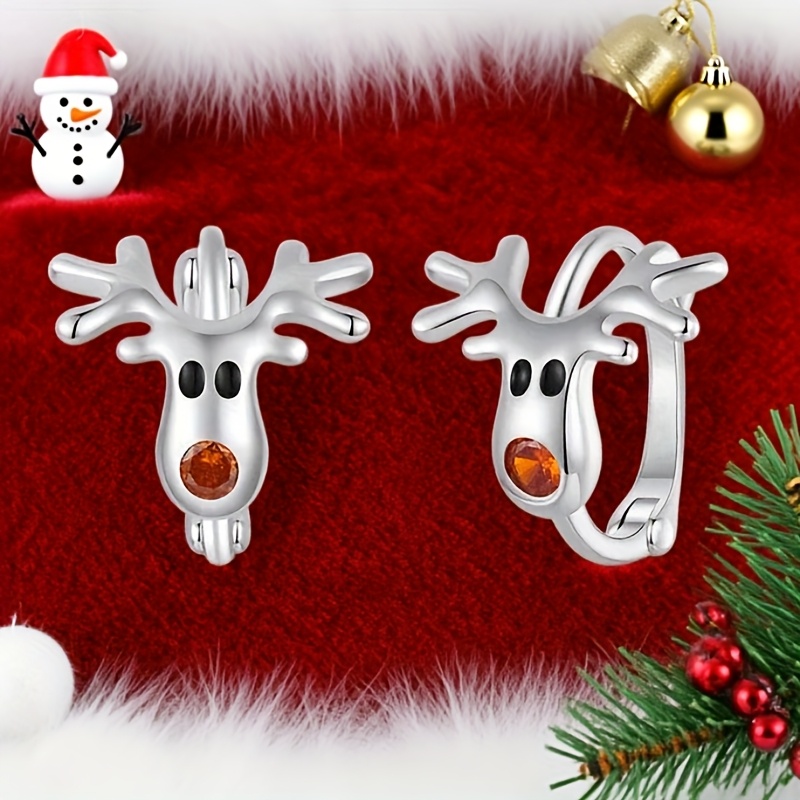 TEMU Women's K Reindeer Hoop Earrings With Orange Synthetic Zirconia Inlay - Cute Reindeer Antlers & Reindeer Face Jewelry, Christmas Party