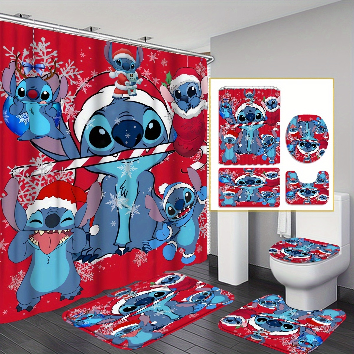 

1/4pcs Hat Stitch Pattern Shower Curtain Set With Hooks, Waterproof Shower Curtain, Toilet Cover Mat, Non-slip Bathroom Rug, Water Absorbent Bath Mat, Bathroom Accessories, Home Decor