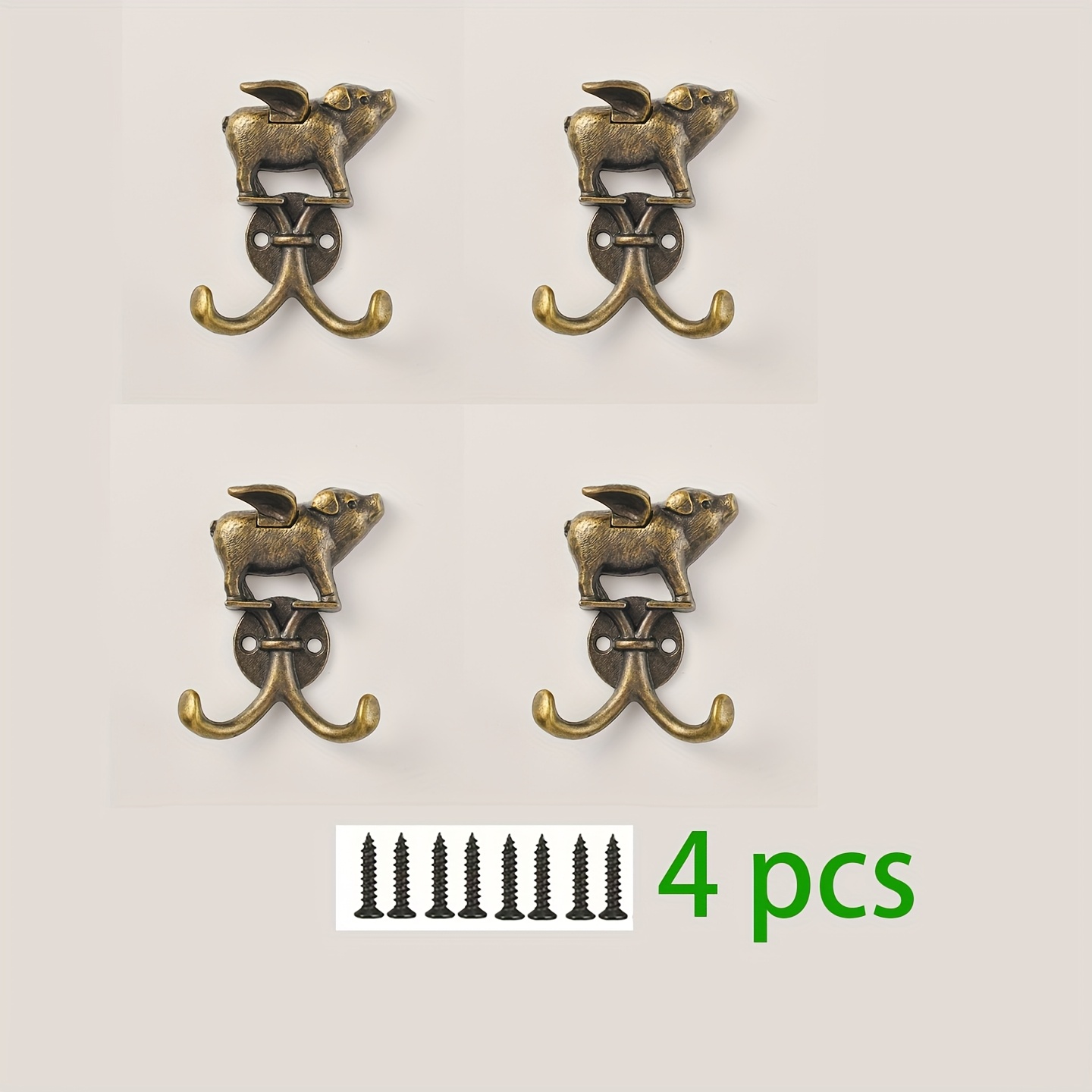 4 Animal-shaped Small Coat Hooks, Cute Little Flying Pig Shape, Bronze Color, With Screws