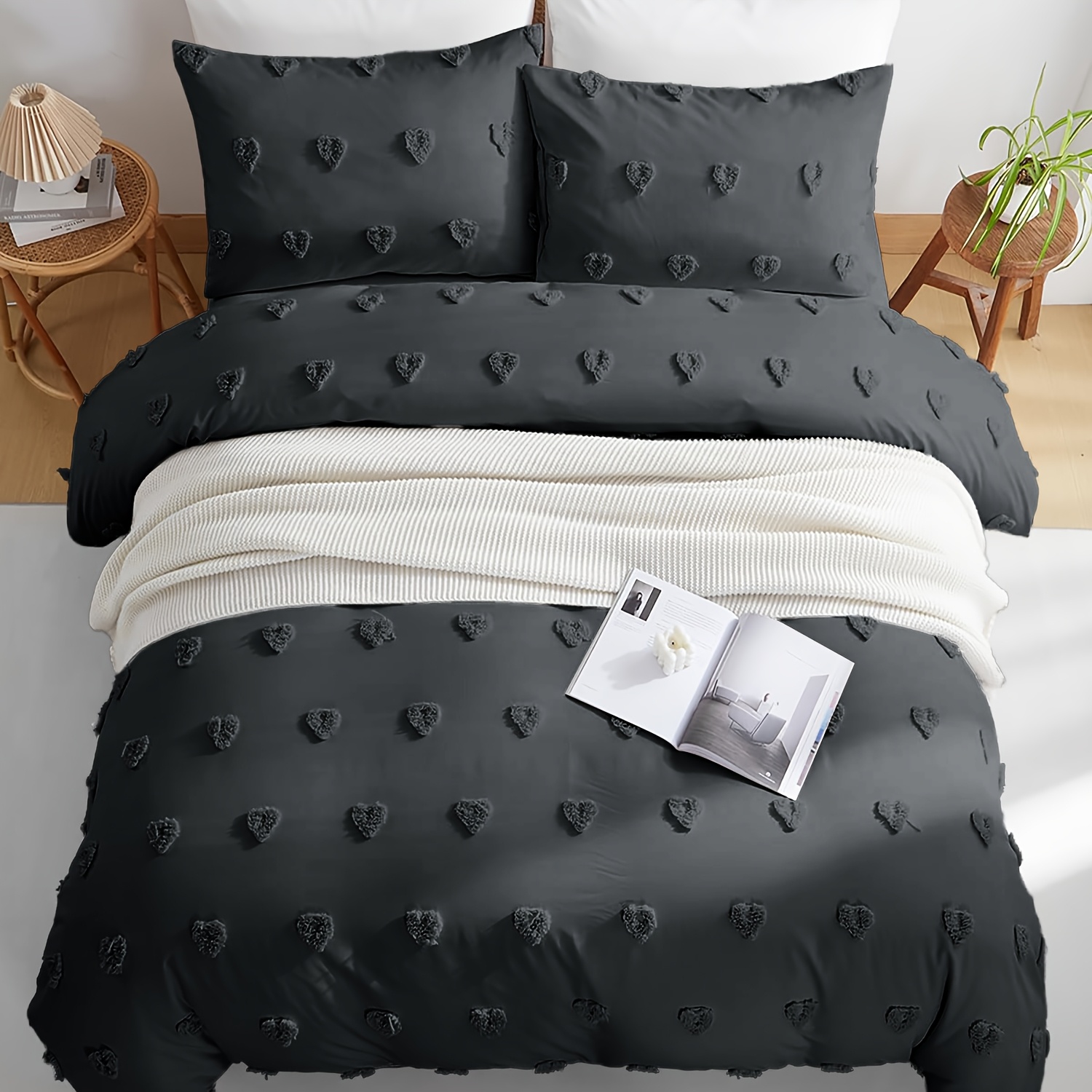 Bohemian Embroidered Heart Boho Bed Duvet Cover With High-quality Microfiber Plush Pattern And Zipper, Comfortable And , Soft And Fashionable Bedding 135-220 Sizes Pillowcases 80 * 80