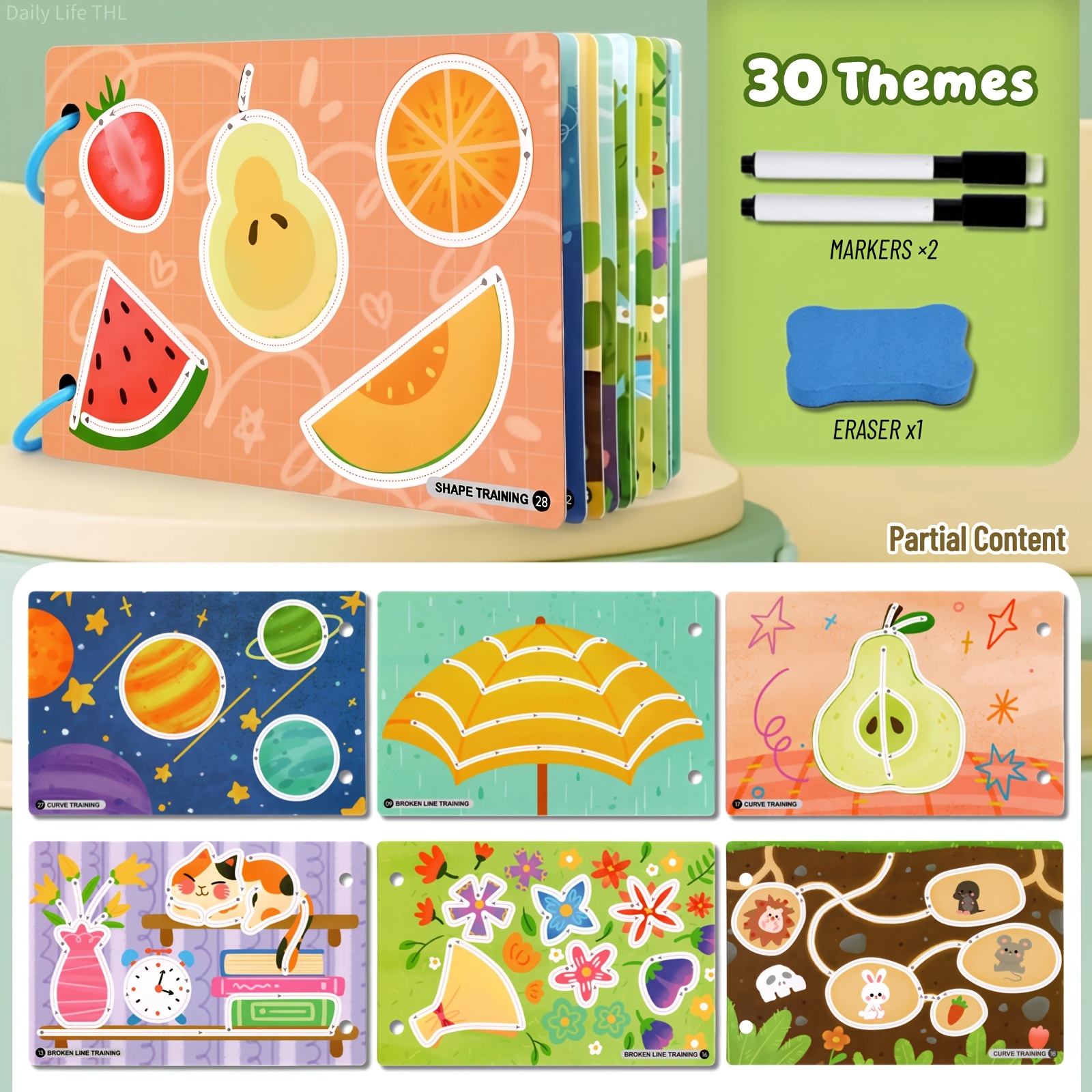 TEMU Wipe-clean Pen Control Training Book For Kids, 30 Themes Reusable Drawing Tracing Book Set With 2 Markers & 1 Eraser, Fine Motor Skills Learning