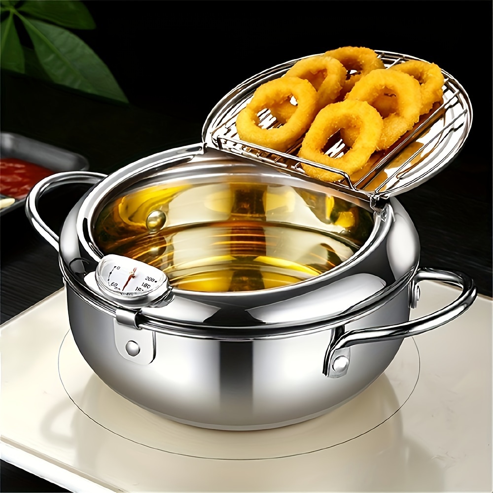 

1pc Friteuse, Friteuse avec thermomètre, couvercle et égouttoir à huile pour frites, ailes de poulet et crevettes, compatible avec cuisinière à gaz et plaque à induction, ustensiles de cuisine