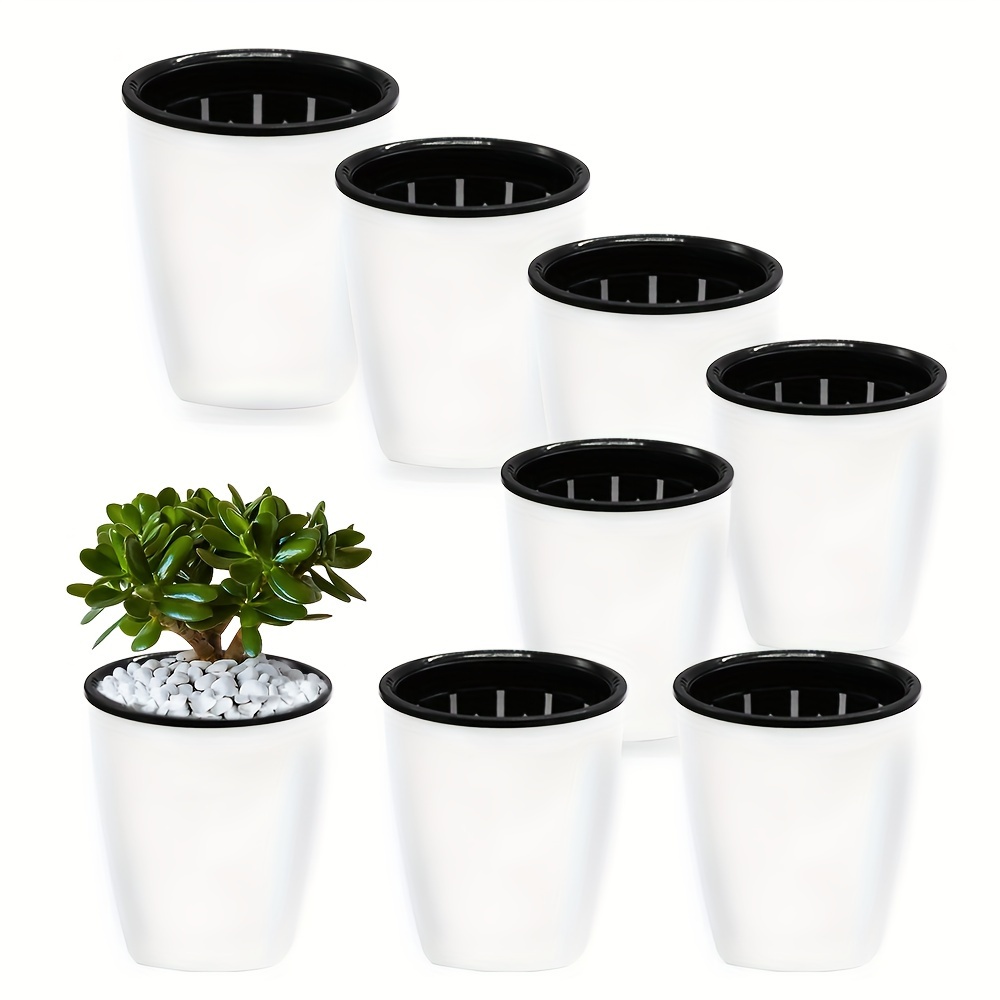 

8-piece 4" Self-watering Plastic Planters With Inner Pots - Modern White Decorative Flower Pots For Indoor & Outdoor Use, Ideal For All Houseplants, Flowers, Herbs, African Violets