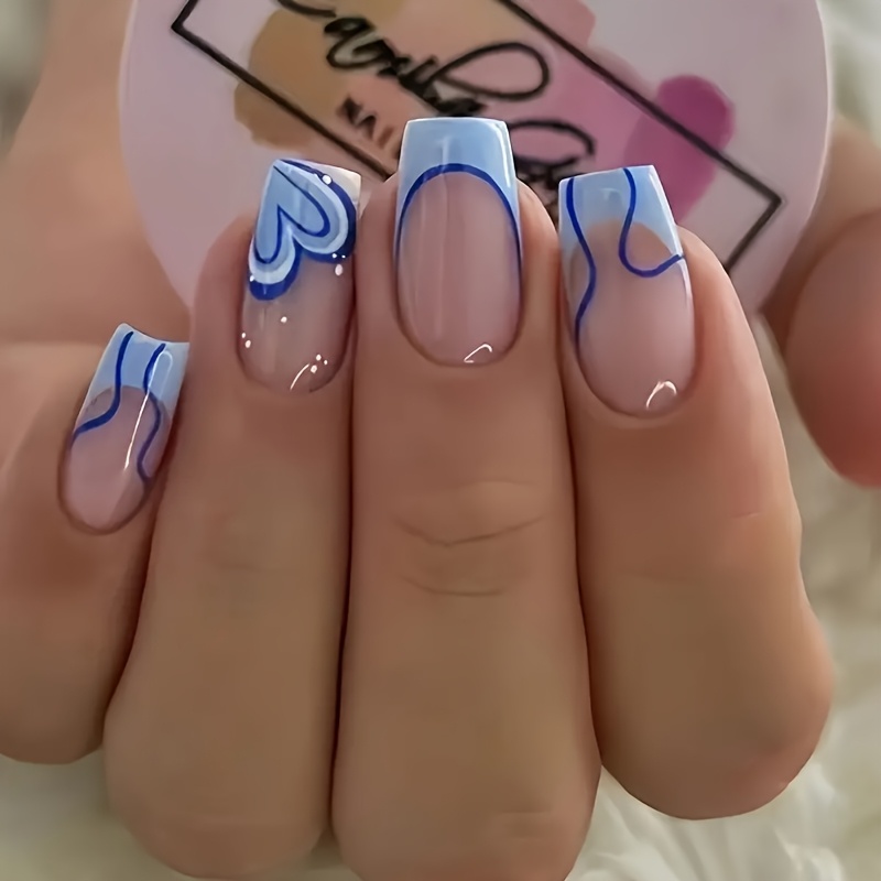 Image of 30pcs Medium Rectangle Press-on Nail Set With Blue And Nude Geometric Stripes And Heart Patterns, Includes Jelly Glue And Nail File