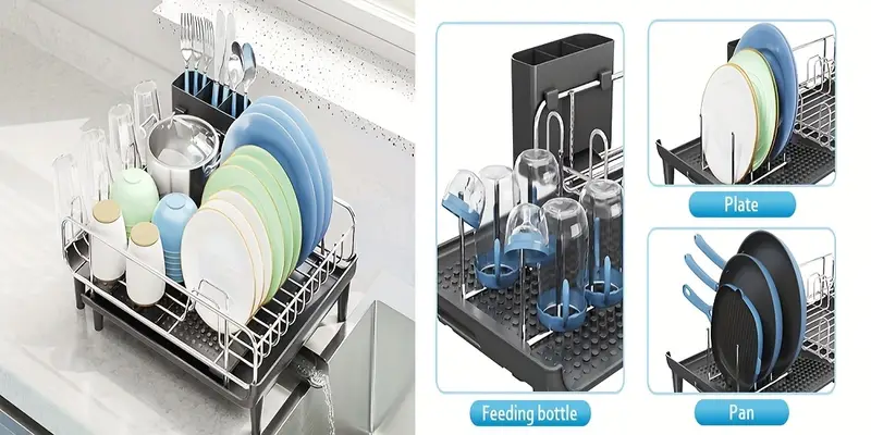 1pc expandable dish drying rack stainless steel dish drainer with cup utensil holder collapsible countertop dish rack with pan pot holder metal dish strainer for kitchen counter food contact safe no electricity needed ideal for christmas halloween easter thanksgiving valentines day Product details 2