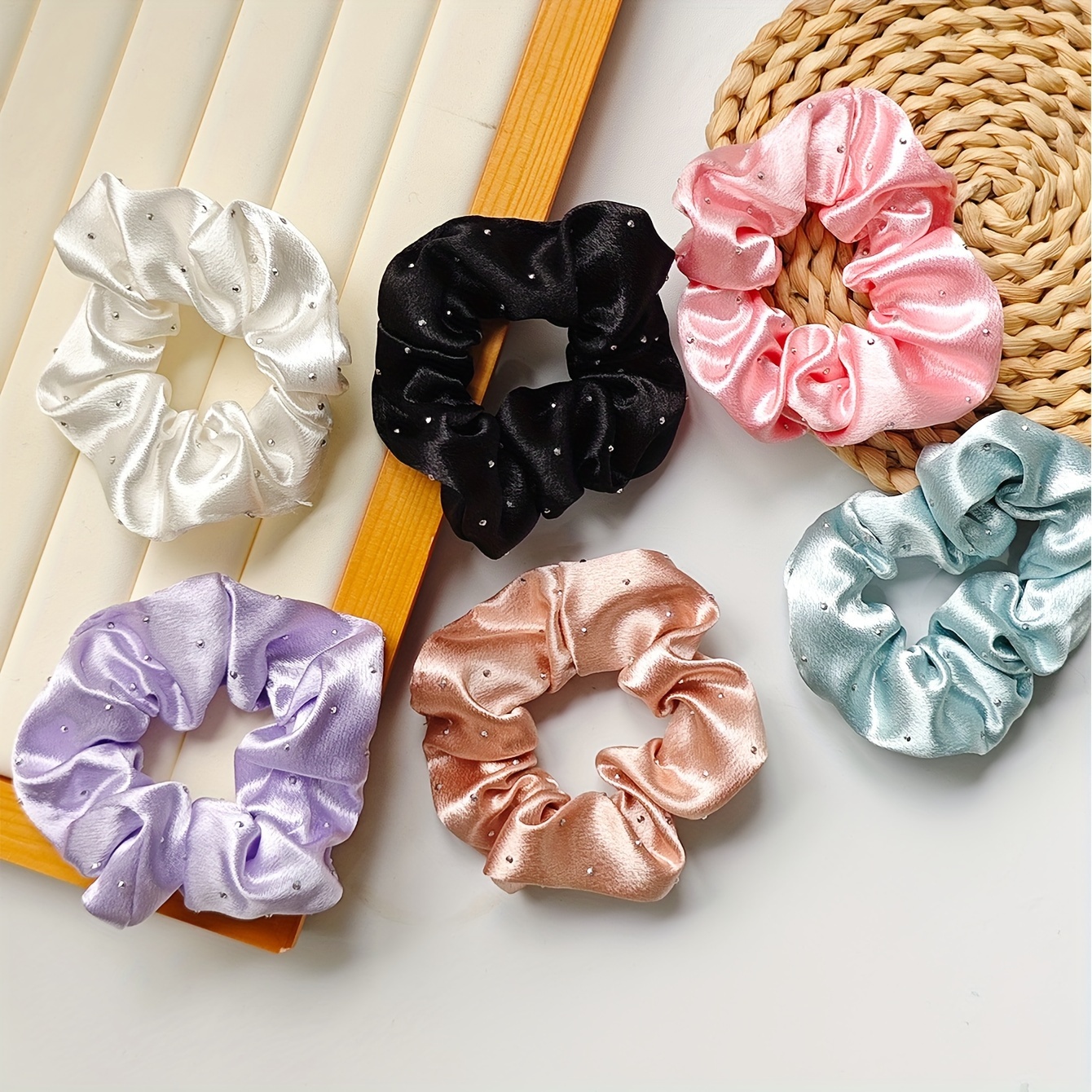 Image of 6pcs Fashion Crystal Dot Scrunchies Elastic Rubber Hair Bands For Women Ponytail Bun Holder Party Hair Additions