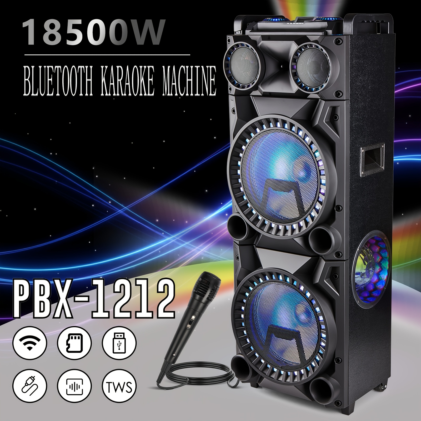 TEMU 18500w Portable Wireless Speaker, With Dual 12'' Woofer And 1'' Tweeter, Microphone, /treble Adjustment, Guitar, Aux/usb/sd/tws/recording/fm
