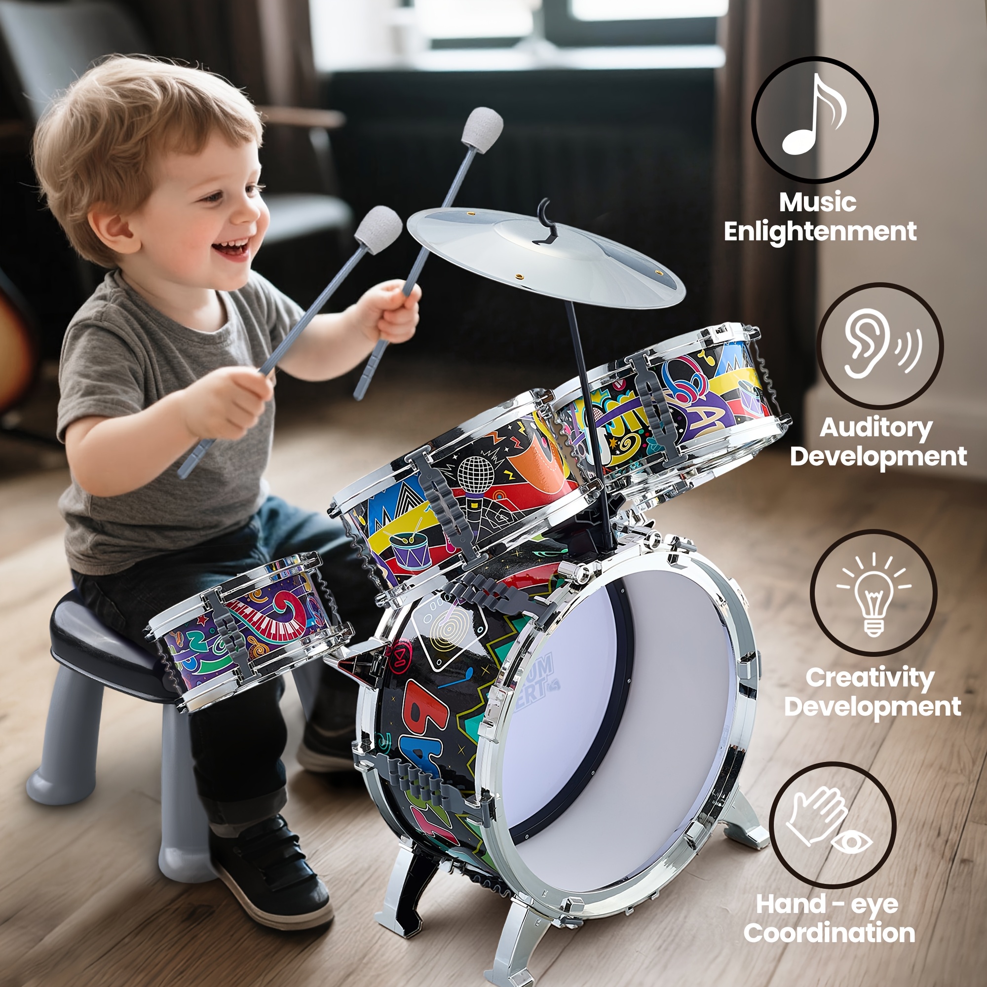 Kids Jazz Drum Set Rock Kit Toys, 5pcs Kids Band Musical Instrument,Percussion Beginner Kit for Boys Girls Aged 3-5 5-7.