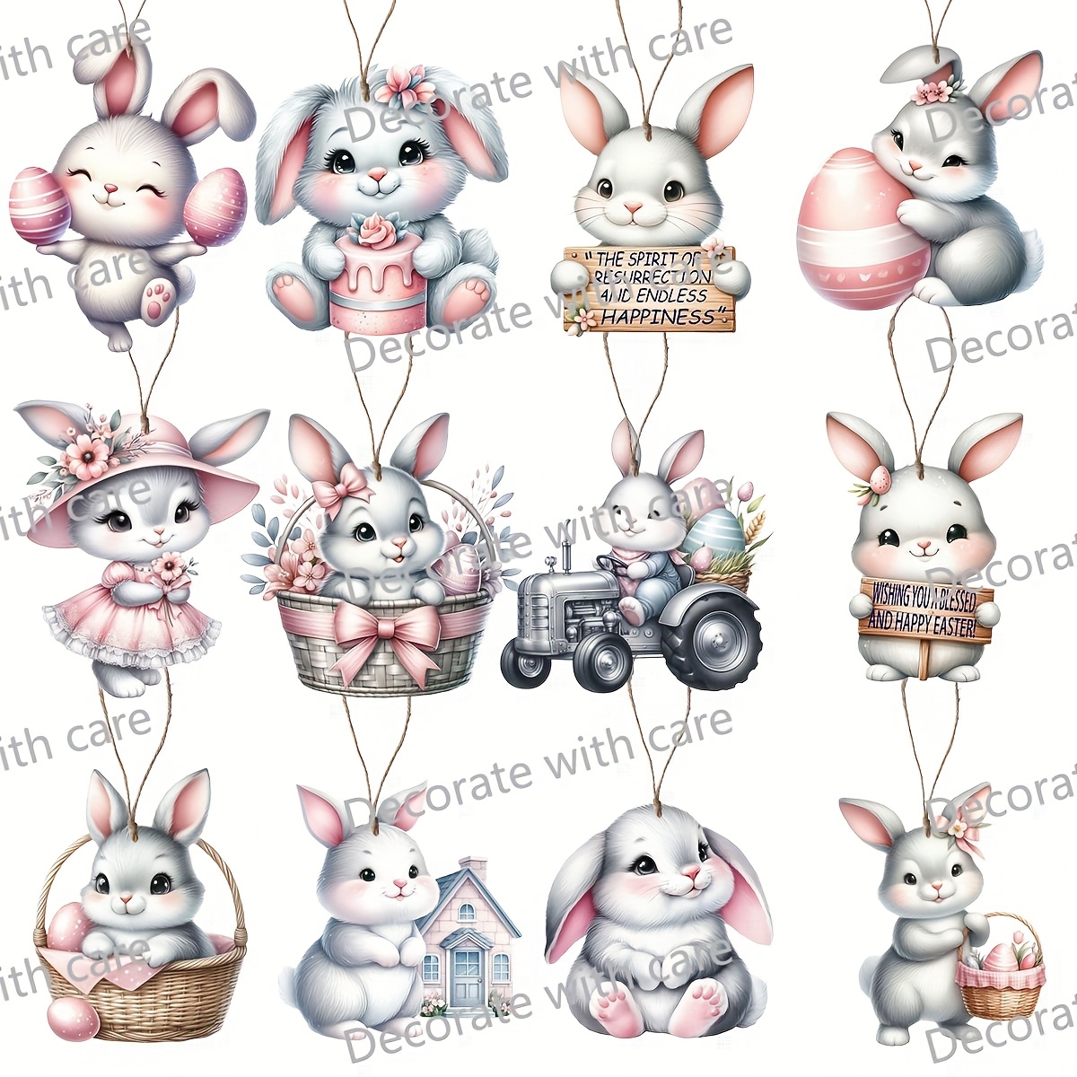 

12pcs Style Wooden Rabbit Easter Decorations Set, Pink Animal Themed Hanging Ornaments For Home, Garden, Fence, Party - No Electricity Needed, For Valentine's Day & Universal Celebrations