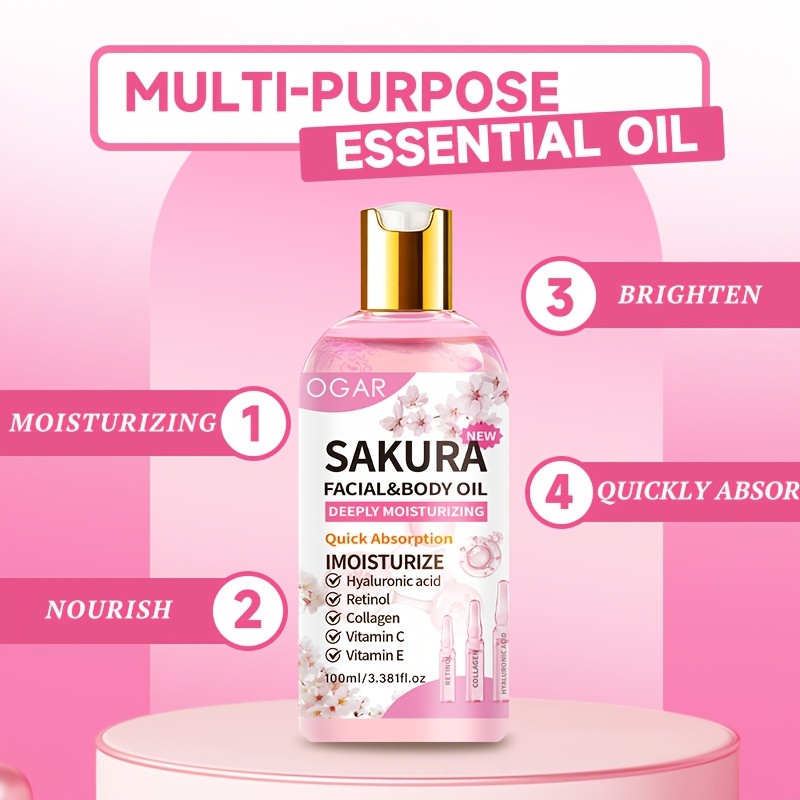 Ulei Esență Multifuncțional pentru Îngrijirea Pielii Sakura, Îmbogățit cu Ulei de Sămânță de Camelia, Ulei de Sămânță de Strugure, Ulei de Cocos, Niacinamidă, Vitamine C și E, Colagen, Acid Hialuronic, Oferă Hidratare de 48 de Ore, Iluminează, Hidratează Pielea, Se Absoarbe Rapid, pentru Masaj