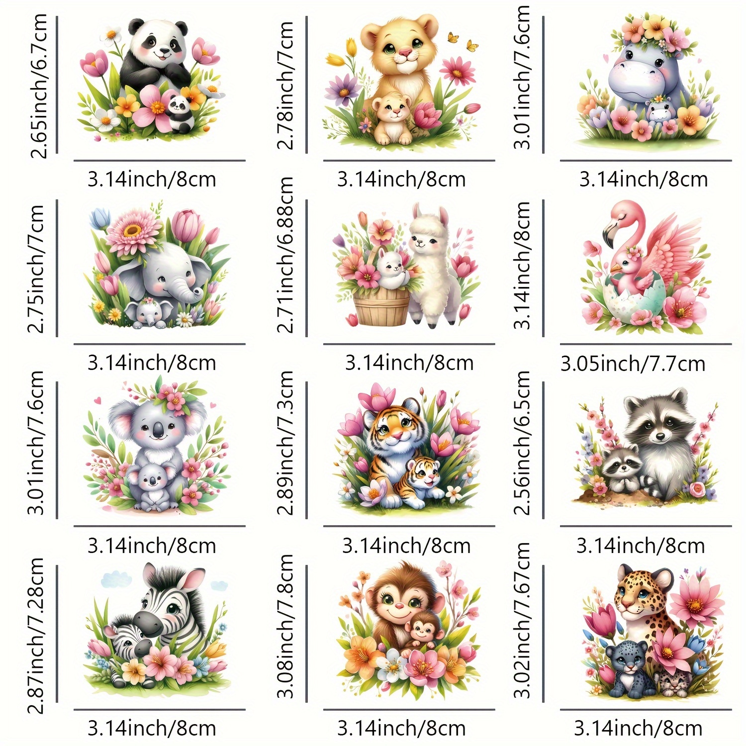 TEMU 12pcs Cute Animal & Floral Iron-on Vinyl Patches - Assorted Wildlife Designs (panda, Lion Cub, Elephant) With Accents For Diy T-shirts, Jeans,