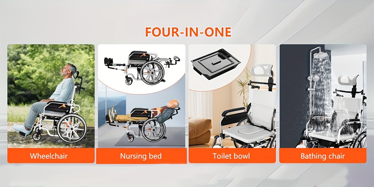 4 in 1 reclining wheelchairs waterproof shower bathroom wheelchair transport wheelchairs with elevating leg rests and potty 18 5 wide seat heavy duty recliner wheel chair for seniors adults Product details 3
