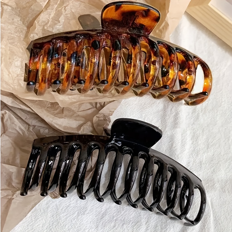 Image of 2pcs Elegant Versatile Women Hair Claw Clips - Large Lightweight Plastic, Black And Amber Design, Rectangle Shape, Wearing, Shower, Makeup And Hairstyle, Hair Clips