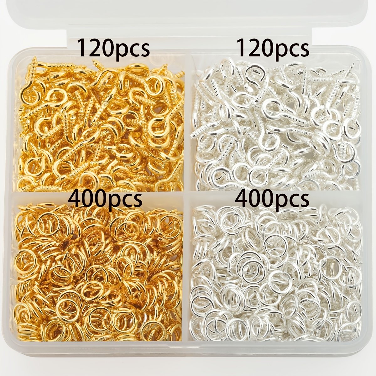 E-shop 1040-teiliges 4-Fach-Box-Verbinder-Ring-Set, inklusive 800 Jump-Ringen und 240 Schraubösen, geeignet zum Weben von Schmuck,