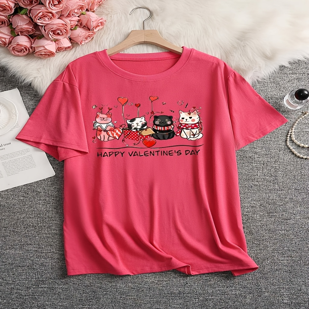 

Plus Size Women's Valentine's Day T-shirt - Red With Cute Cartoon Cats & Heart Print, Casual Round Neck Short Sleeve Top, Polyester , Machine Washable, 1-8xl, Clothing| Print| Texture