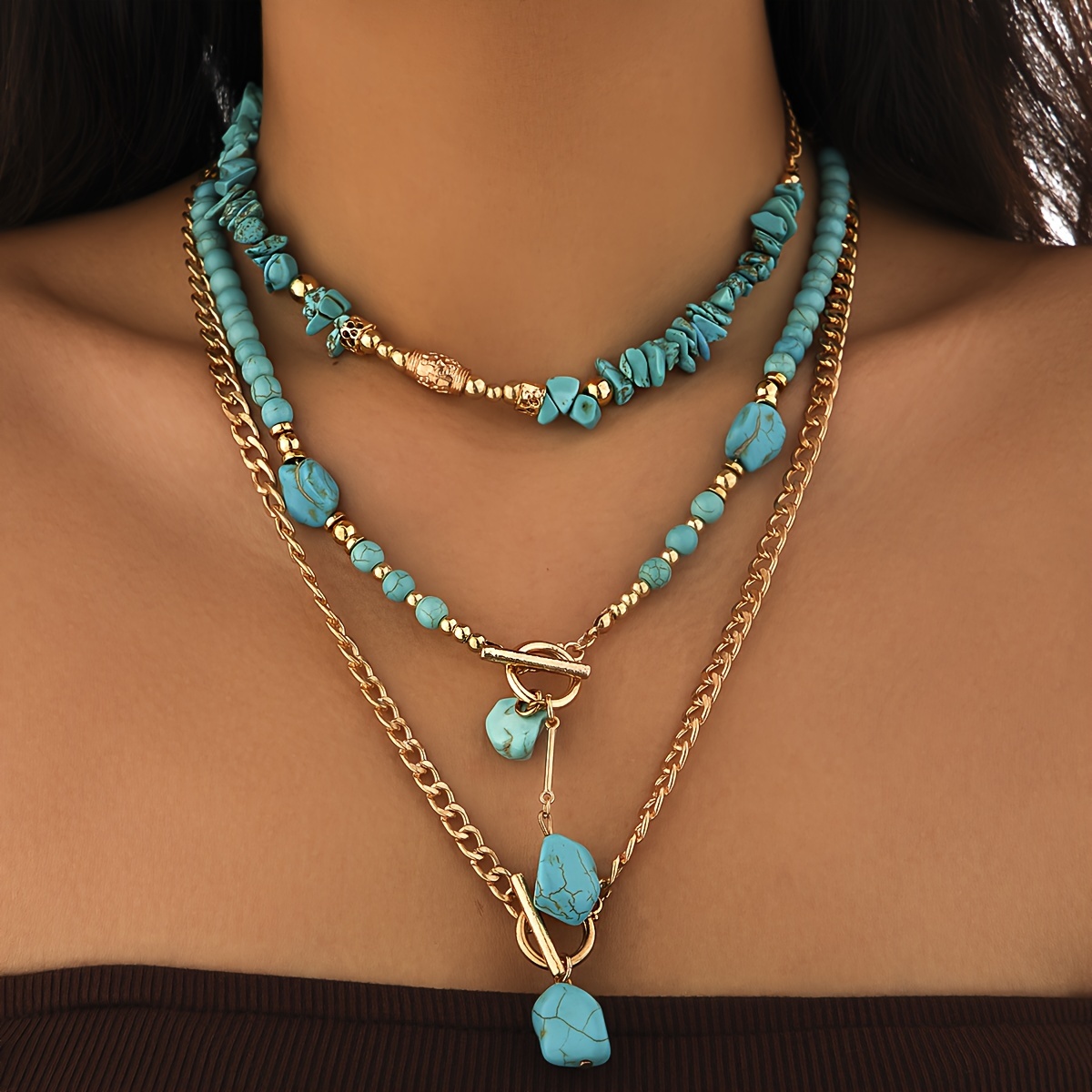 

3pcs Vintage Western Turquoise Necklace Set - Elegant Golden-tone Beaded Jewelry, Perfect Gift & Mom