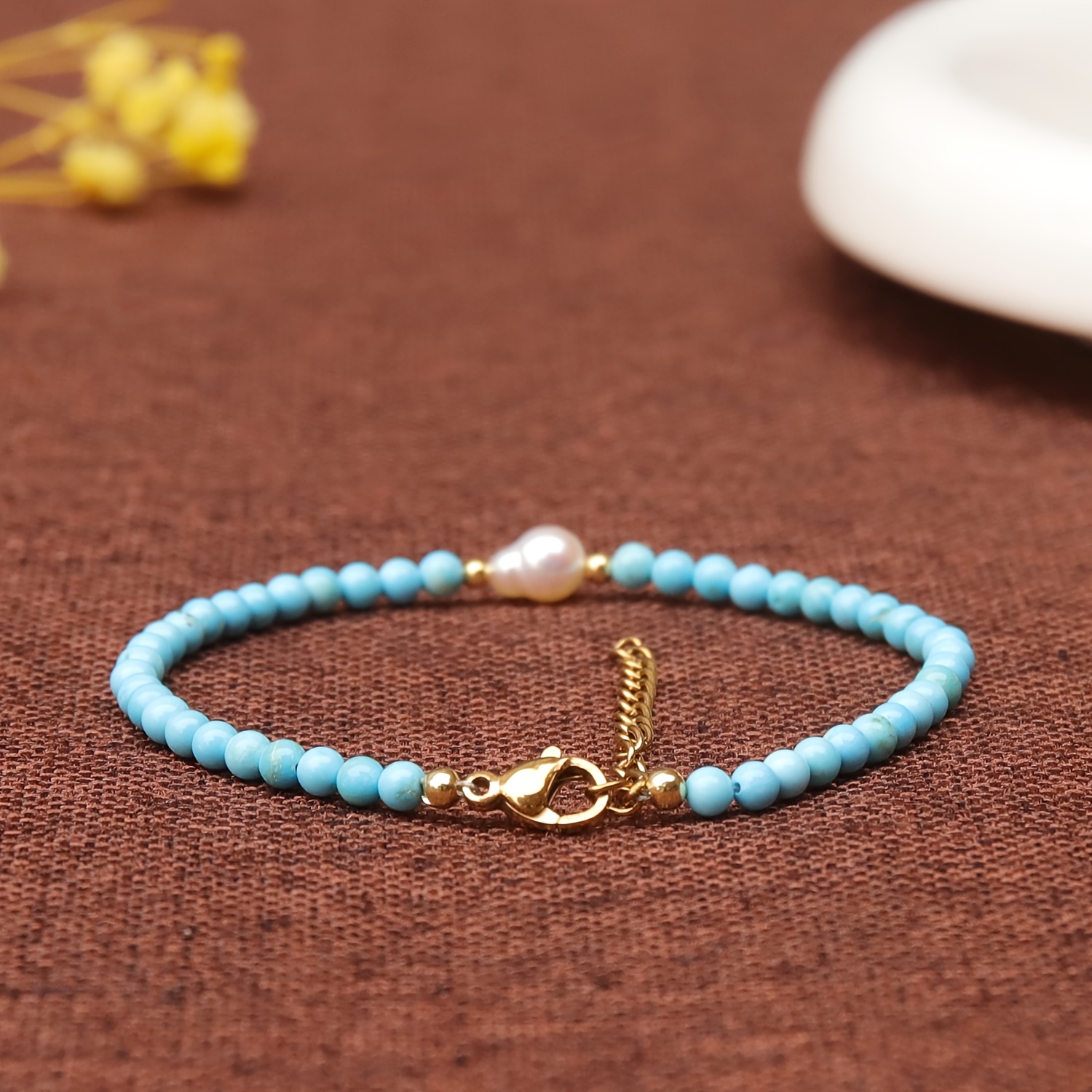 Minimalist Elegant Round Bead Turquoise Bracelet with Golden Accents